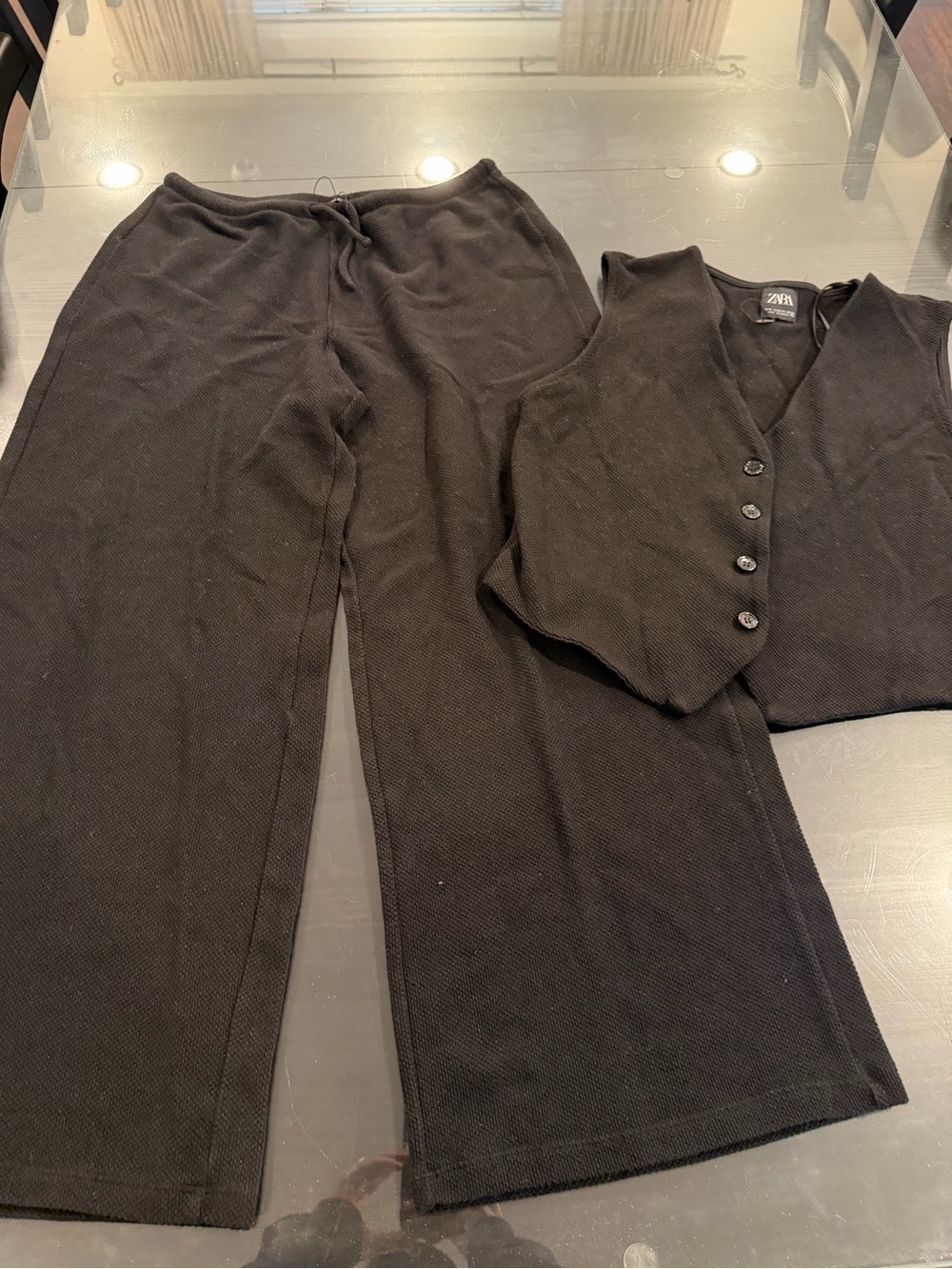 Zara Black Knit Wide-Leg Pants with Matching Button Vest Set